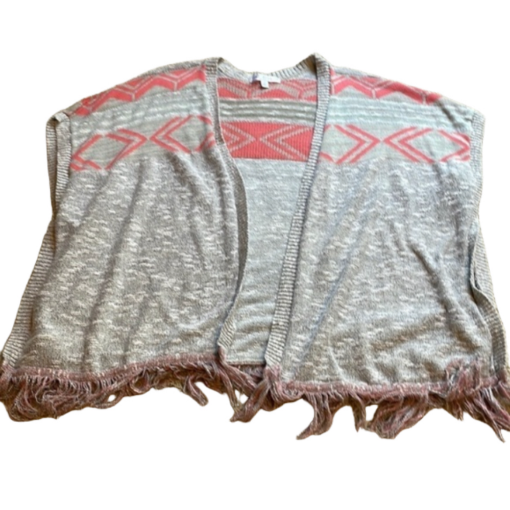 Say What New York M Gray/Coral Southwestern Sleeveless Cardigan Fringe Hem EUC